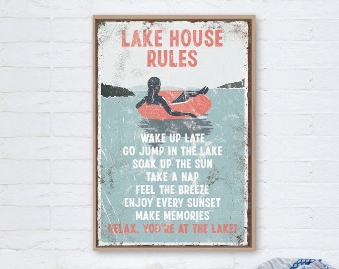 Vintage LAKE HOUSE RULES Sign in Coral Pink, Woman Tubing, Large Lake Wall Print, Retro Tube Poster for Lake House Decor, Canvas or Aluminum