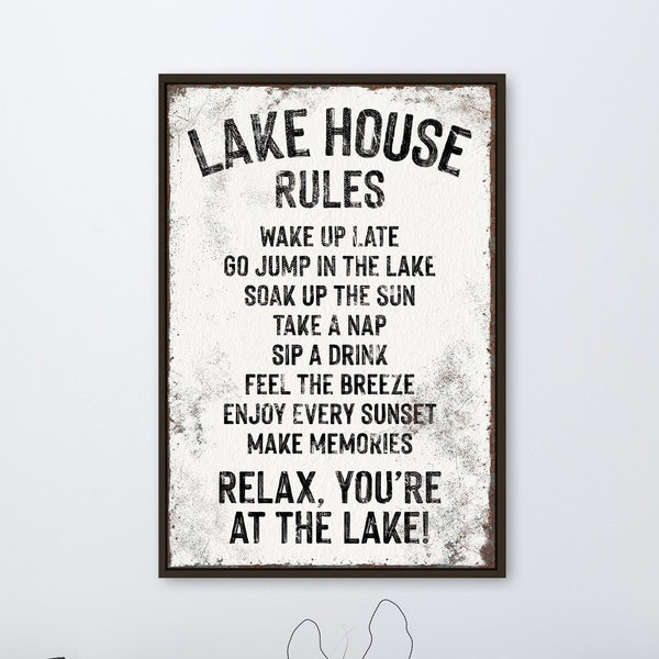 vintage "LAKE HOUSE RULES" sign > White and Black sign art print, coastal lakehouse decor, distressed lake house gift, vacation rental decor