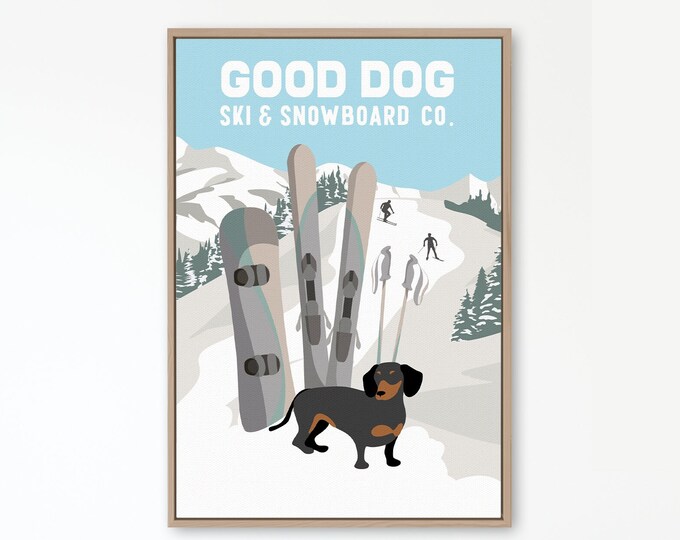 vintage SKI POSTER with Dachshund, retro looking 'Good Dog Ski and Snowboard Company', vintage ski decor, unique gift for dog lovers