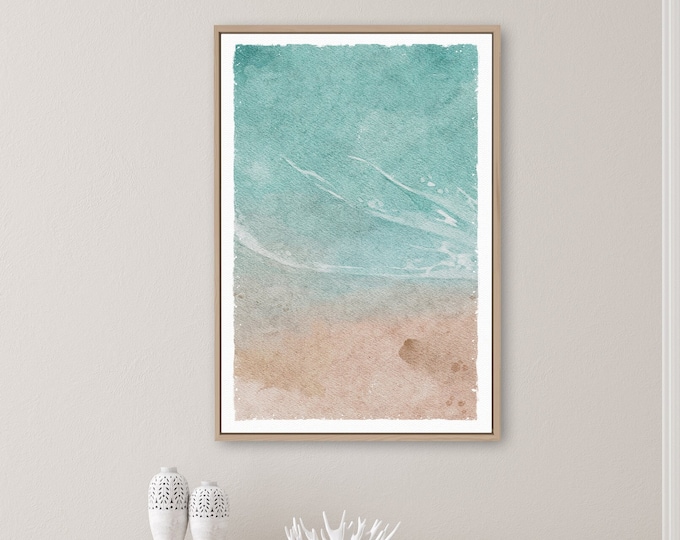 Neutral Abstract Wall Art Canvas for Beach House Decor, Minimal Canvas Print for Above Couch, Watercolor Waves and Sand Collection, No. 108
