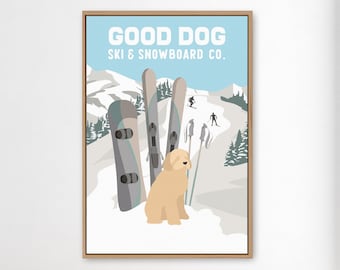 Good Dog Ski Art, Golden Doodle Gift, Retro Ski Print, Rustic Winter Decor, Cozy Lodge Wall Hanging, Matte Paper Poster