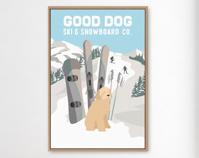 GOLDENDOODLE SKI POSTER, vintage style Good Dog Ski and Snowboard Co. with Golden doodle, retro ski print, unique gift for dog lovers