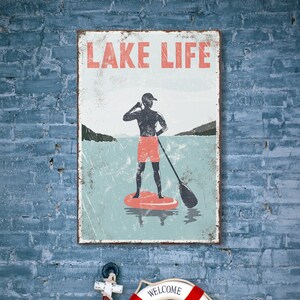 &quot;Vintage &quot;&quot;LAKE LIFE&quot;&quot; Schild , Korallen Akzent &gt; Paddelboarden Poster für Vintage See Hausdekor, männlicher Paddle Boarder, moderne FARMHOUSE, Leinwand.&quot;