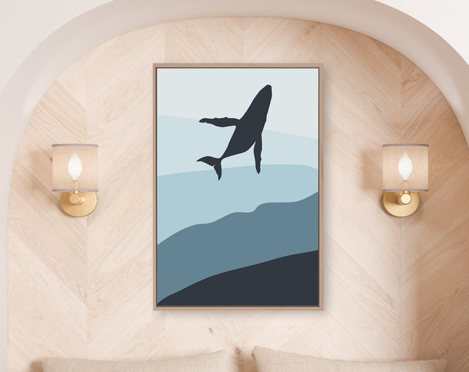 Whale and Underwater Waves Abstract Wall Art for Beach Home or Vacation Condo Decor, Extra Large Modern Ombre Blue Beach Canvas {031C)