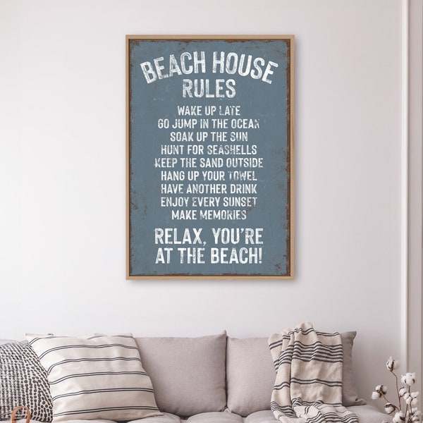 vintage "BEACH HOUSE RULES" sign, Harbor Blue beach print, custom beach house decor, distressed beach house gift, vacation rental decor