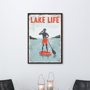 vintage &quot;LAKE LIFE&quot; sign , red accent &gt; paddleboarding poster for vintage lake house decor, male paddle boarder, modern FARMHOUSE, Canvas
