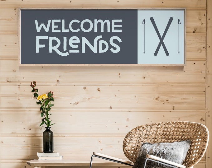 Long Horizontal Welcome Sign • Blue and White WELCOME FRIENDS Canvas Print with Skis Icon • Large Vintage Metal Farmhouse Wall Art