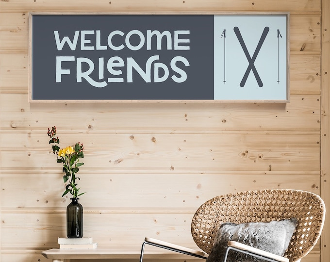 Long Horizontal Welcome Sign • Blue and White WELCOME FRIENDS Canvas Print with Skis Icon • Large Vintage Metal Farmhouse Wall Art