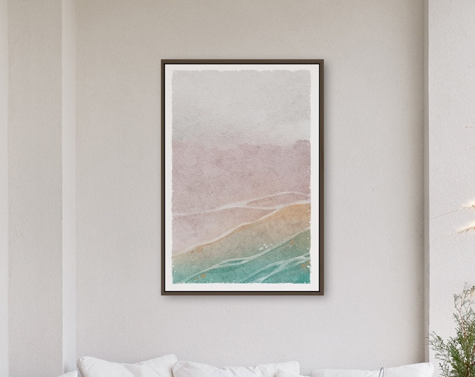Minimal Watercolor Wall Art for Beach Decor, Neutral Framed Canvas Sign for Above Couch, Abstract Blue Waves and Sand Collection, No. 107