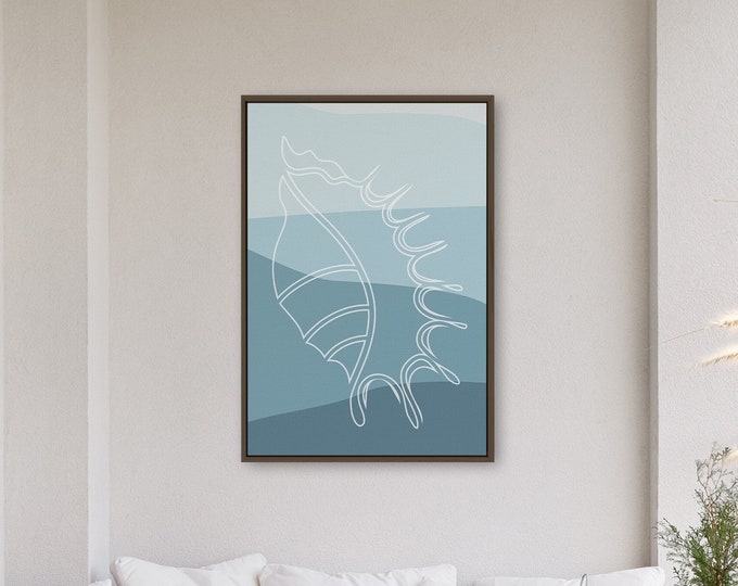 Seashells and Waves Abstract Wall Art for Beach Home or Vacation Condo Decor, Extra Large Modern Ombre Blue Beach Canvas {034A)