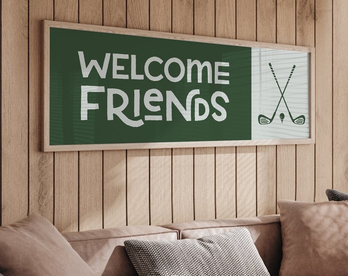 Long Horizontal Welcome Sign • Green and White WELCOME FRIENDS Canvas Print with Golf Clubs Icon • Large Vintage Metal Farmhouse Wall Art