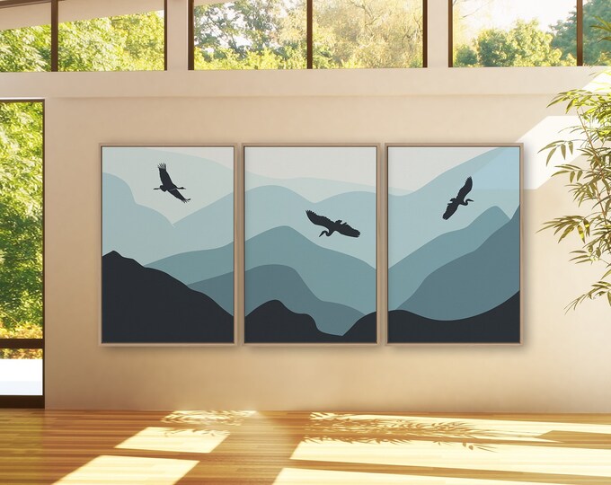 Blue Mountain Sky Landscape with Crane, Large Abstract Wall Art, 3 Piece Set, Triptych Home Decor for Modern Lake House • 033