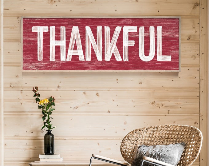 Thankful Wall Art, Thanksgiving Sign, Fall Wall Decor, Vintage Farmhouse Plaque, Seasonal Harvest Decoration, Long Horizontal Display