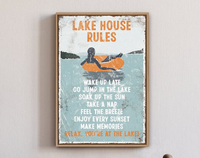 Vintage LAKE HOUSE RULES Sign in Orange with Woman Tubing, Large Lake Wall Print, Retro Tube Poster for Lake House Decor, Canvas or Aluminum