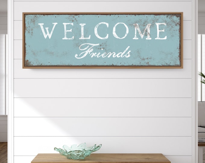 Long Horizontal Welcome Porch Sign • Tide Blue WELCOME FRIENDS Print • Extra Large Canvas Wall Art Print • Rustic Metal Lake House Decor,