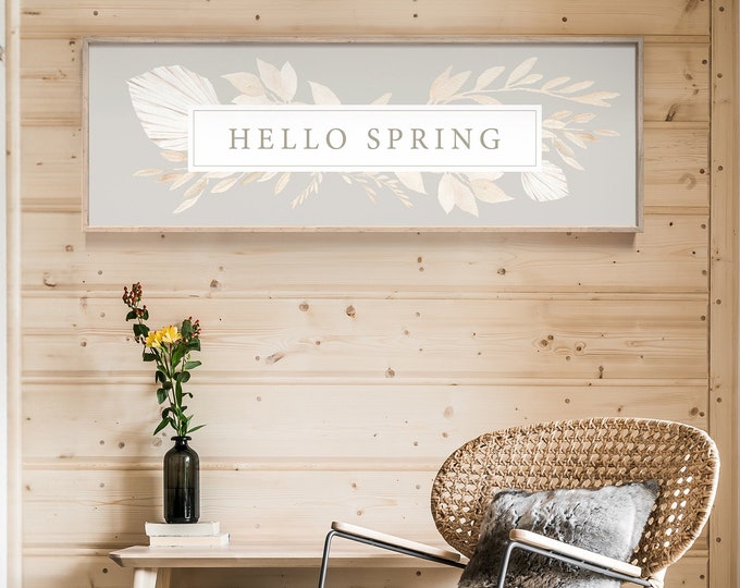 Neutral Hello Spring Sign • Graige and Blush Sign for Above Bed or Door • Extra Large Canvas Wall Art Print for Modern Home Decor