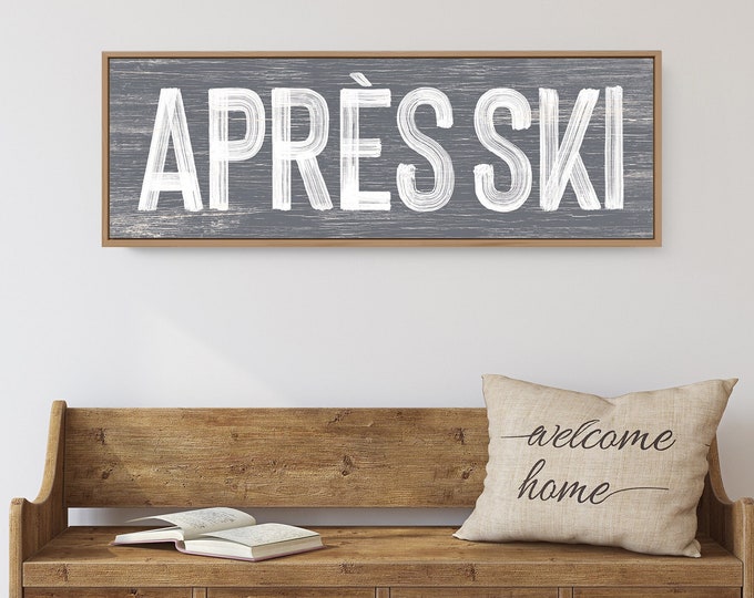 long horizontal APRÈS SKI sign in slate gray and white, faux weathered wood, apres ski wall print, vintage farmhouse decor, winter wall art