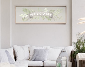 Floral Welcome Sign, Greenery and Greige Wall Decor, Extra Large Canvas Wall Art for Spring Decor and Wall Art, Flowery Welcome Patio Signs
