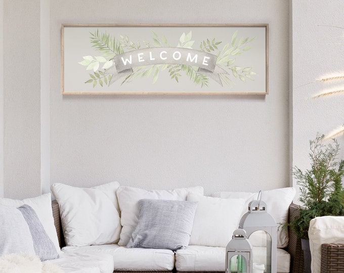 Floral Welcome Sign, Greenery and Greige Wall Decor, Extra Large Canvas Wall Art for Spring Decor and Wall Art, Flowery Welcome Patio Signs