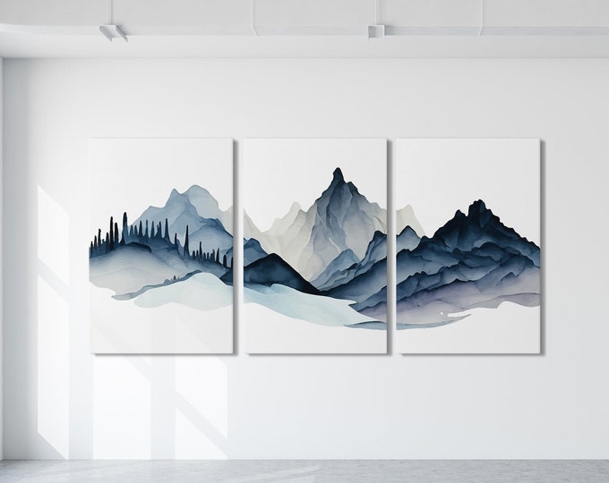Triptych Wall Art, Mountain Landscape, Abstract Wall Art, 3 Piece Set, Modern Home Decor, Modern Farmhouse, Mountain Range Blue • 006