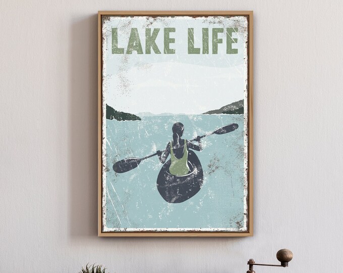 vintage "LAKE LIFE" sign with Green Accent, KAYAK poster for vintage lake house decor, female Kayaker, modern farmhouse, Kayaking Canvas Art