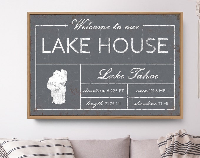 Welcome to our LAKE HOUSE sign, vintage Lake Tahoe canvas for above couch, extra large framed modern farmhouse decor, gray lake wall art