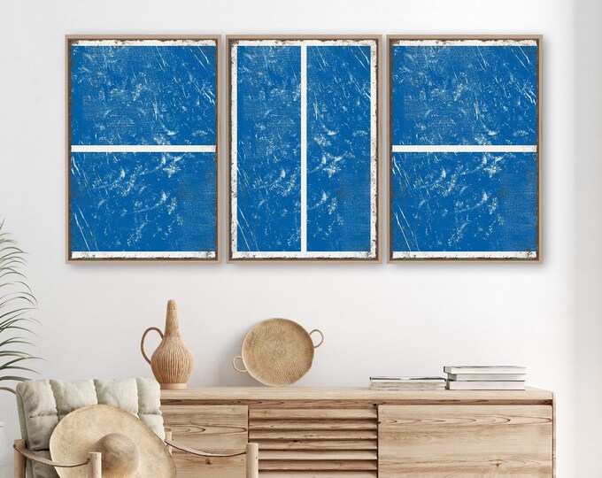 PICKLEBALL COURT TRIPTYCH,  3 Piece Framed Set, Pickleball Gifts, Sports themed decor, Modern Farmhouse, Ocean Blue, Pickleball Wall Art