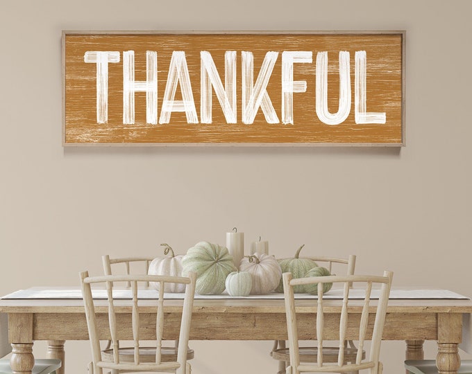 THANKFUL Sign in Caramel, faux weathered wood, seasonal wall art, thanksgiving wall print, vintage farmhouse, long horizontal wall art