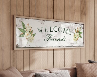 Vintage Magnolia Welcome Sign • Antique White WELCOME FRIENDS Canvas Print • Large Vintage Metal Farmhouse Wall Art