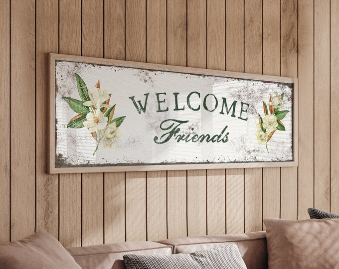 Vintage Magnolia Welcome Sign • Antique White WELCOME FRIENDS Canvas Print • Large Vintage Metal Farmhouse Wall Art