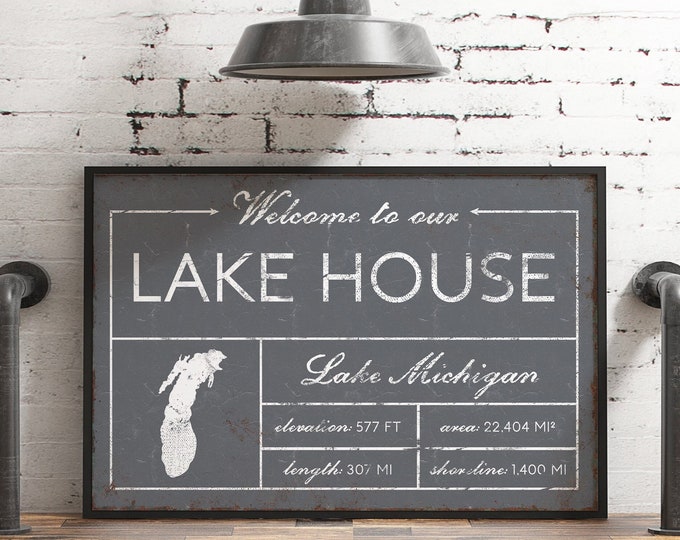 Welcome to our LAKE HOUSE sign, vintage Lake Michigan canvas for above couch, extra large framed modern farmhouse decor, gray lake decor