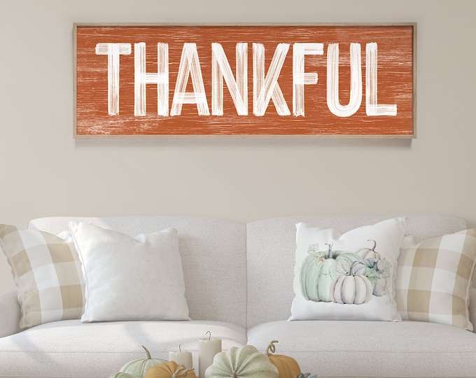 Thankful Wall Art, Autumn Sign, Harvest Decor, Vintage Farmhouse Seasonal Wall Print, Cozy Thanksgiving Decoration, Long Horizontal Design
