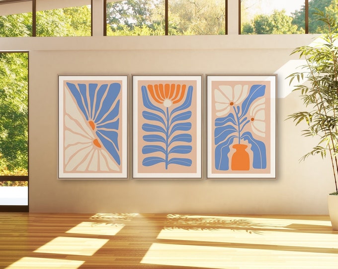 Triptych Wall Art, Abstract Wall Art, 3 Piece Framed Set, Flower Print Set, Modern Home Decor, Modern Farmhouse, Flower Blocks • 010