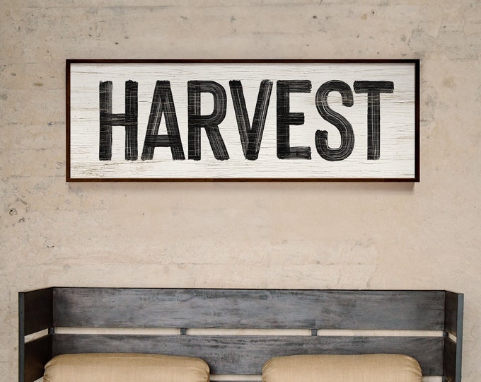 Harvest Sign in White, faux weathered wood, seasonal wall art, harvest wall decorations, vintage farmhouse, long horizontal wall art