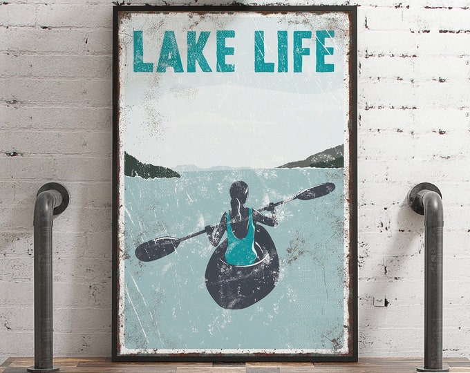 vintage "LAKE LIFE" sign with Teal Accent, KAYAK poster for vintage lake house decor, female Kayaker, modern farmhouse, Kayaking Canvas Art