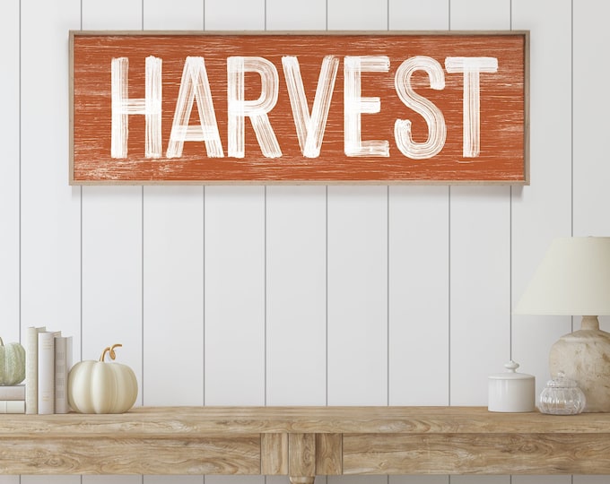 Harvest Sign in Burnt Orange, faux weathered wood, seasonal wall art, harvest wall decorations, vintage farmhouse, long horizontal wall art