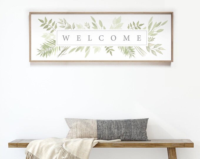 Botanical Welcome Sign, Leaves and Greenery Sign for Above Bed or Door, Extra Large Canvas Wall Art Print for Spring Decor and Wall Art
