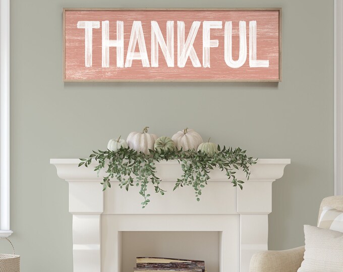 THANKFUL Sign in Coral Pink, faux weathered wood, seasonal wall art, thanksgiving wall print, vintage farmhouse, long horizontal wall art