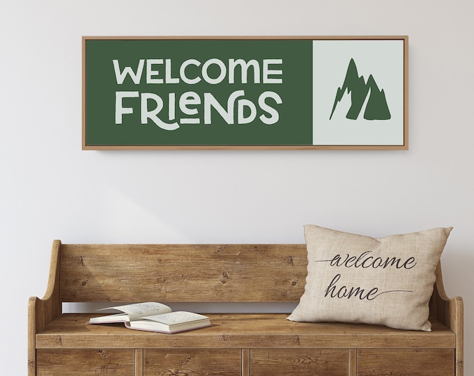 Long Skinny Welcome Sign • Green and White WELCOME FRIENDS Canvas Print with Mountain Icon • Large Vintage Metal Farmhouse Wall Art