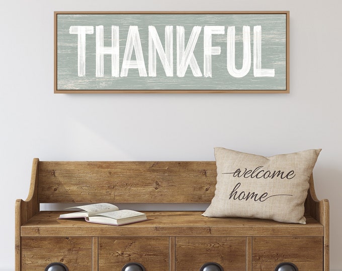THANKFUL Sign in Sage Green, faux weathered wood, seasonal wall art, thanksgiving wall print, long horizontal wall art, farmhouse decor