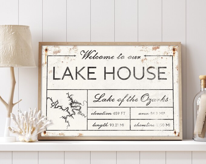 Welcome to our LAKE HOUSE sign, vintage Lake of the Ozarks canvas for above couch, extra large framed modern farmhouse decor wall art print