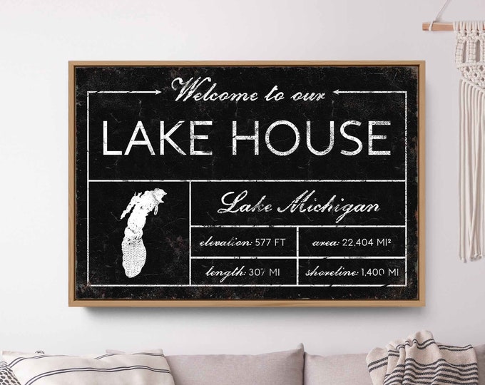 Welcome to our LAKE HOUSE sign, vintage Lake Michigan canvas for above couch, extra large framed modern farmhouse decor wall art print