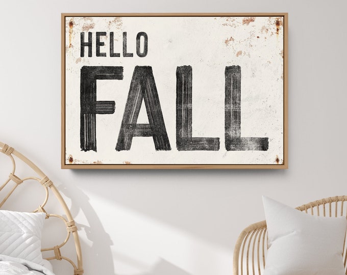 Hello Fall Sign in White, Vintage Farmhouse Decor, Modern Farmhouse Sign, Seasonal Wall Art, Framed Autumn Wall Decor, Halloween Decor