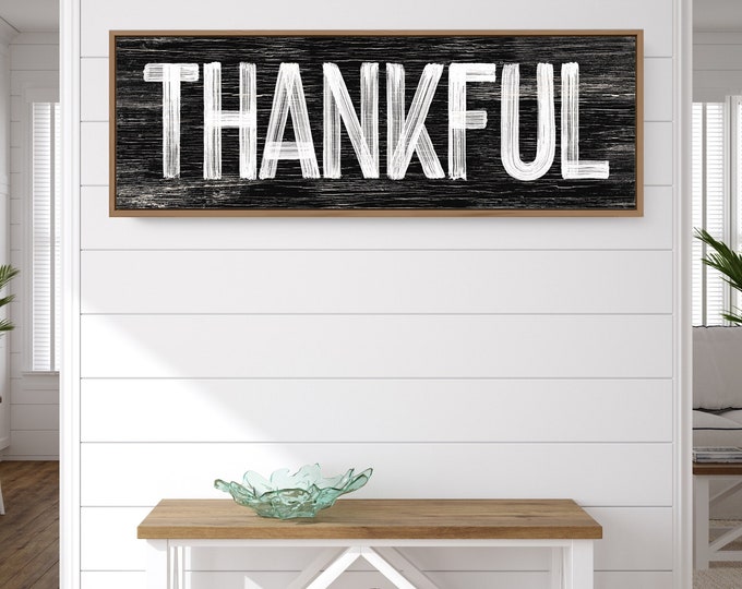 Autumn Wall Decor, Thanksgiving Sign, Farmhouse Fall Decor, Thankful Faux Wood Plaque, Seasonal Harvest Art, Long Horizontal Wall Hanging