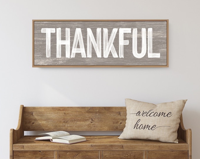 THANKFUL Sign in Kindling Brown, faux weathered wood, seasonal wall art, thanksgiving wall print, vintage farmhouse long horizontal wall art