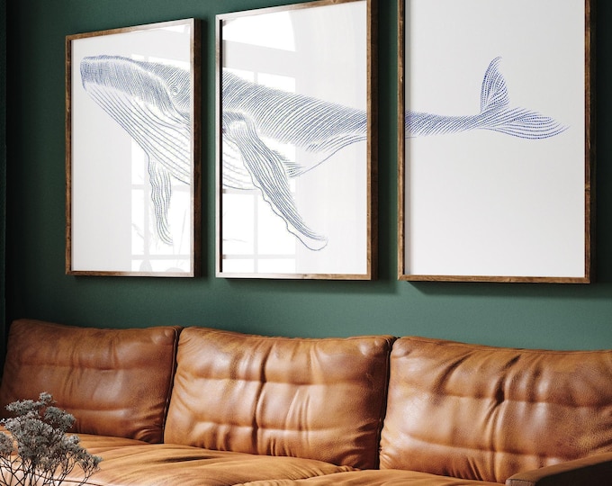Stipple Art Whale Triptych, Blue Pointillism Ocean Canvas Set, Large Framed Beach House Decor