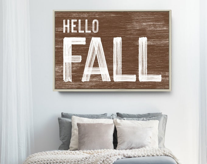 Hello Fall Sign in Bear Brown, Vintage Farmhouse Decor, Modern Farmhouse Sign, Seasonal Wall Art, Framed Autumn Wall Decor, Halloween Decor