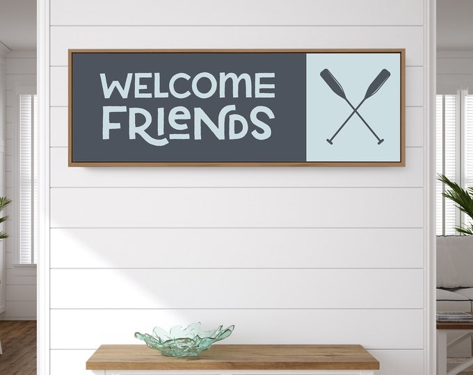 Long Skinny Welcome Sign • Blue and White WELCOME FRIENDS Canvas Print with Boat Oars Icon • Large Vintage Metal Farmhouse Wall Art