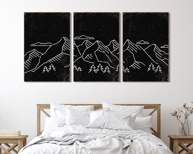 Triptych Wall Art, Mountain Landscape, Abstract Wall Art, 3 Piece Set, Modern Home Decor, Modern Farmhouse, Mountain Range Black • 018
