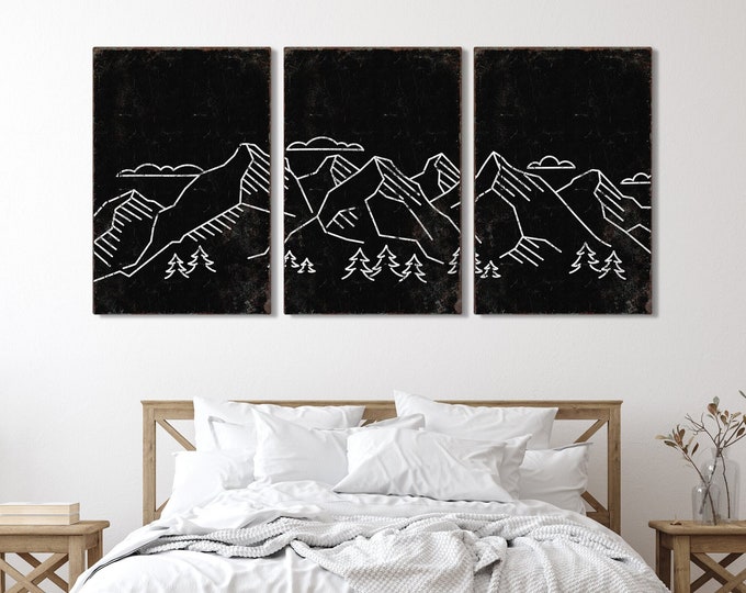 Triptych Wall Art, Mountain Landscape, Abstract Wall Art, 3 Piece Set, Modern Home Decor, Modern Farmhouse, Mountain Range Black • 018